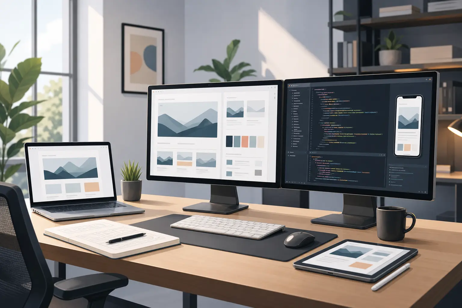 Web development workspace showing website design and coding on multiple screens