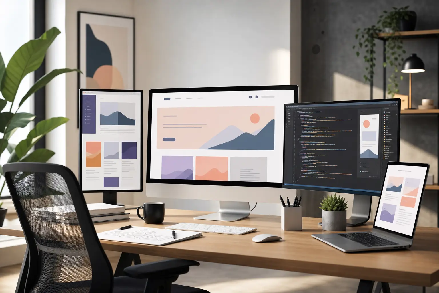 Modern workspace showing website design and code on multiple monitors